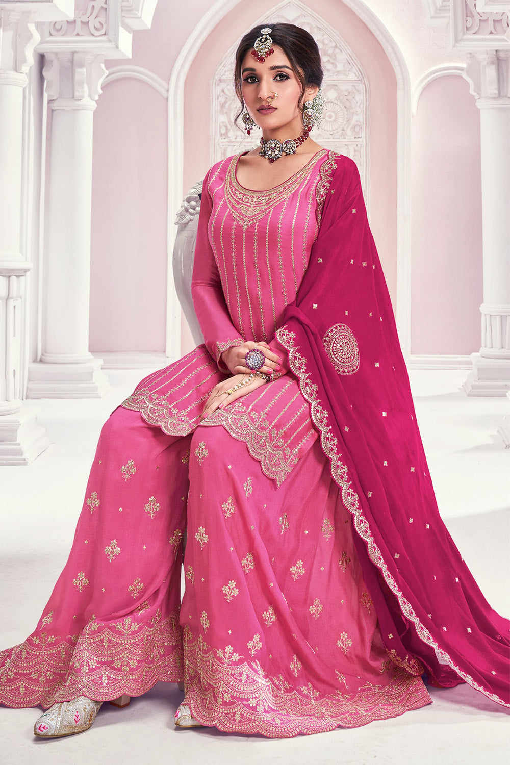 Pink Color Chinon Crepe Embroidered Unstitched Suit Fabric With Stitched Sharara