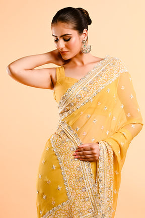 Pale Yellow Color Embroidered Crush Tissue Saree