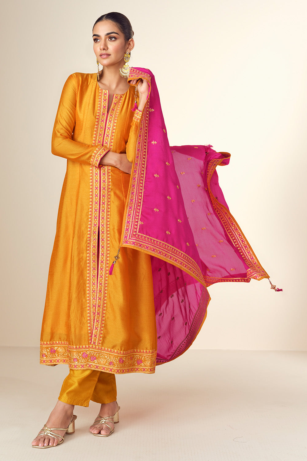 Mustard Color Embroidered Crepe Silk Suit