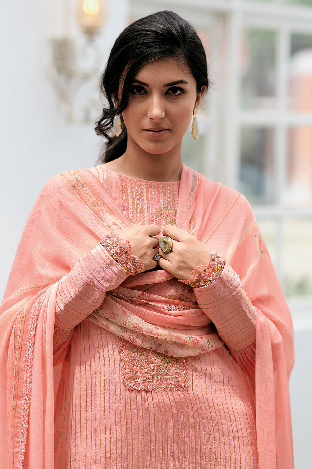 Pink Color Silk Resham Embroidered Unstitched Suit Material