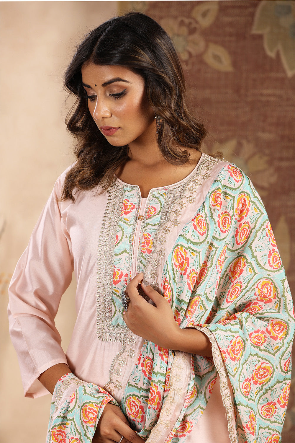 Light Pink Color Chanderi Neck Embroidered Suit