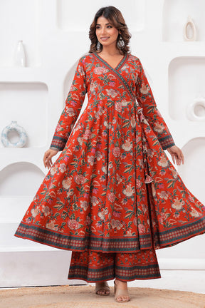 Maroon Color Floral Printed Cotton Anarkali Suit With Palazzo