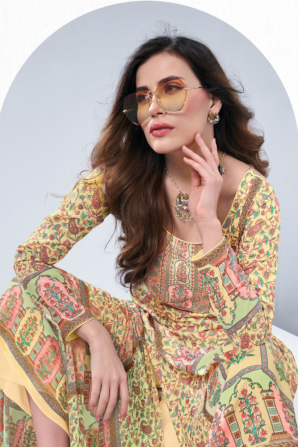 Beige Color Digital Printed Cotton Unstitched Suit Material