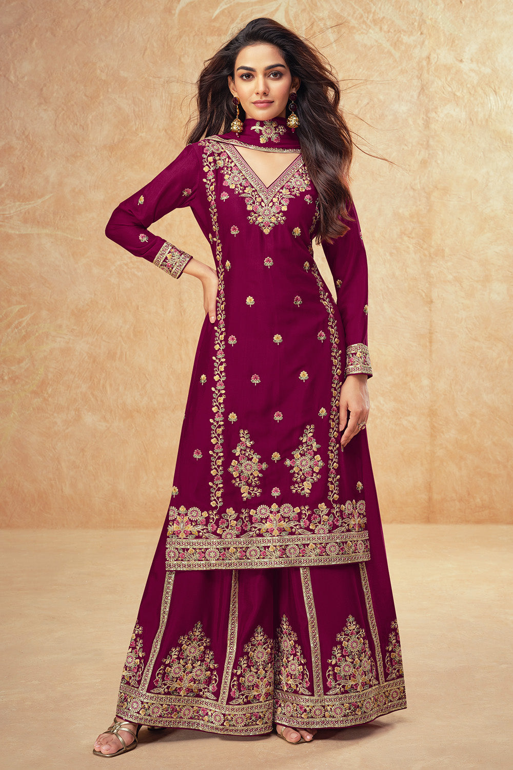 Dark Scarlet Color Crepe Silk Embroidered Suit With Embroidered Palazzo