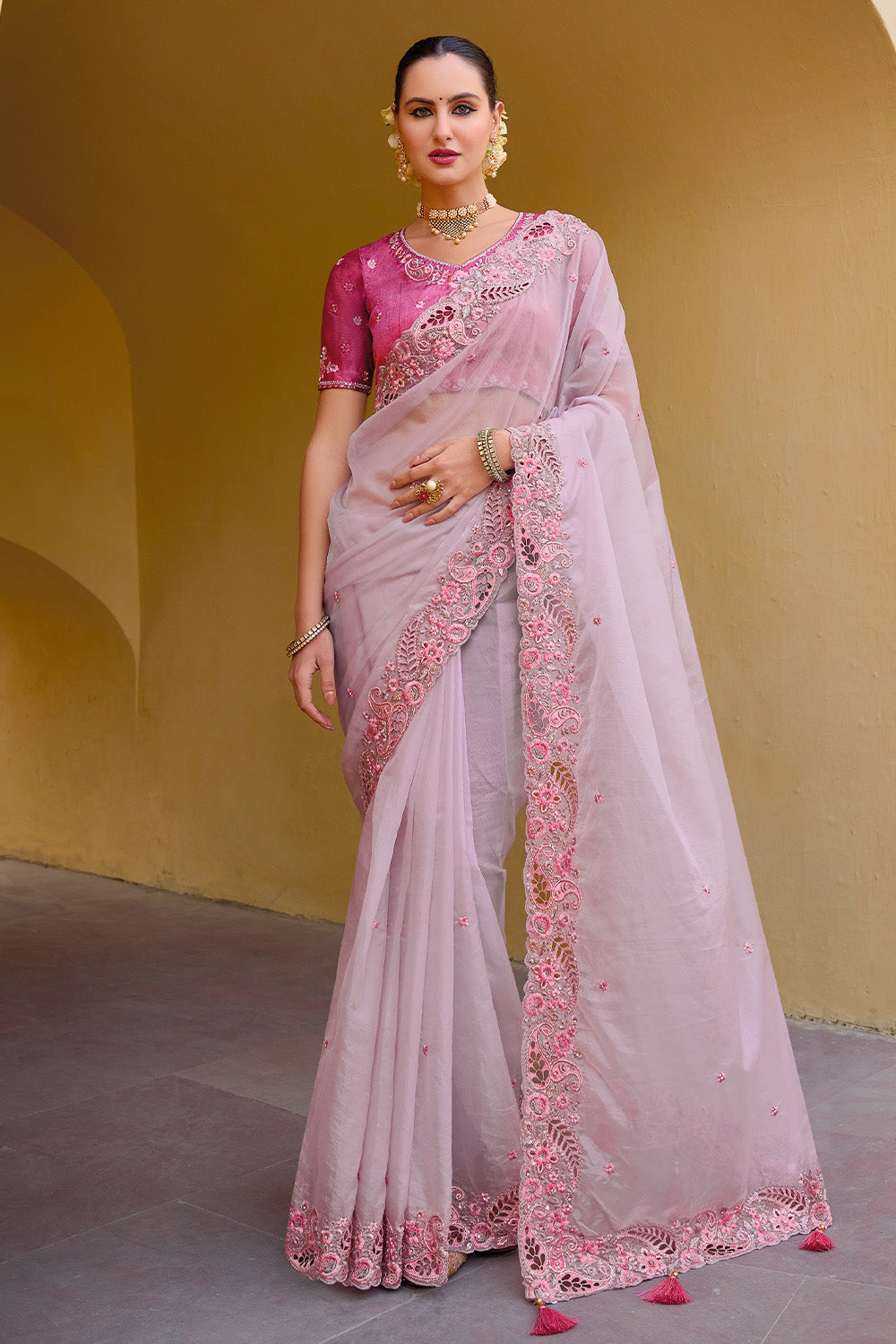 Rose Pink Color Tissue Fabric Embroidered Saree