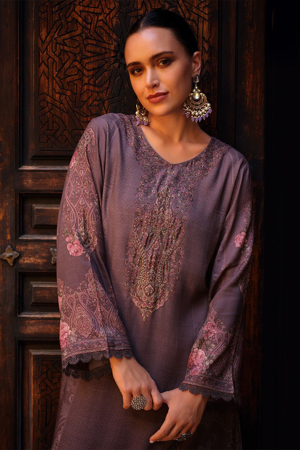 Dusky Purple Color Spun Printed & Embroidered Unstitched Suit