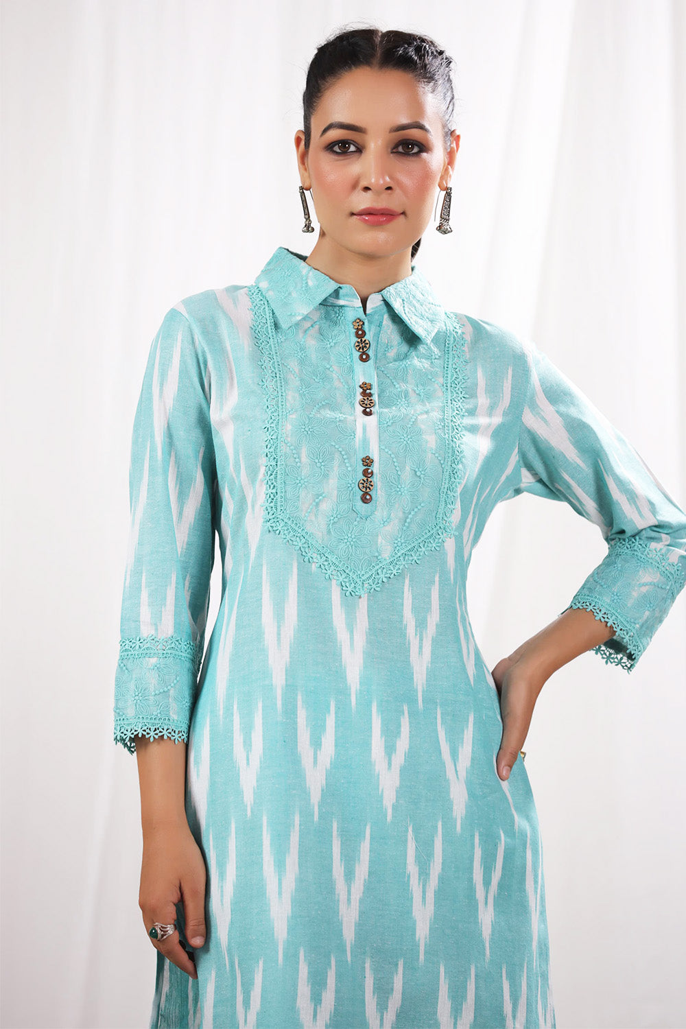 Mint Green Color Khadi Cotton Lace Work Kurta Set