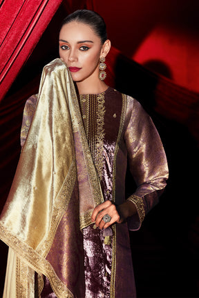 Mauve Color Velvet & Brocade Silk Dual-Fabric Designed Unstitched Suit Material