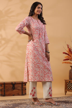 Peach & Beige Color Floral Printed Cotton Kurti Set