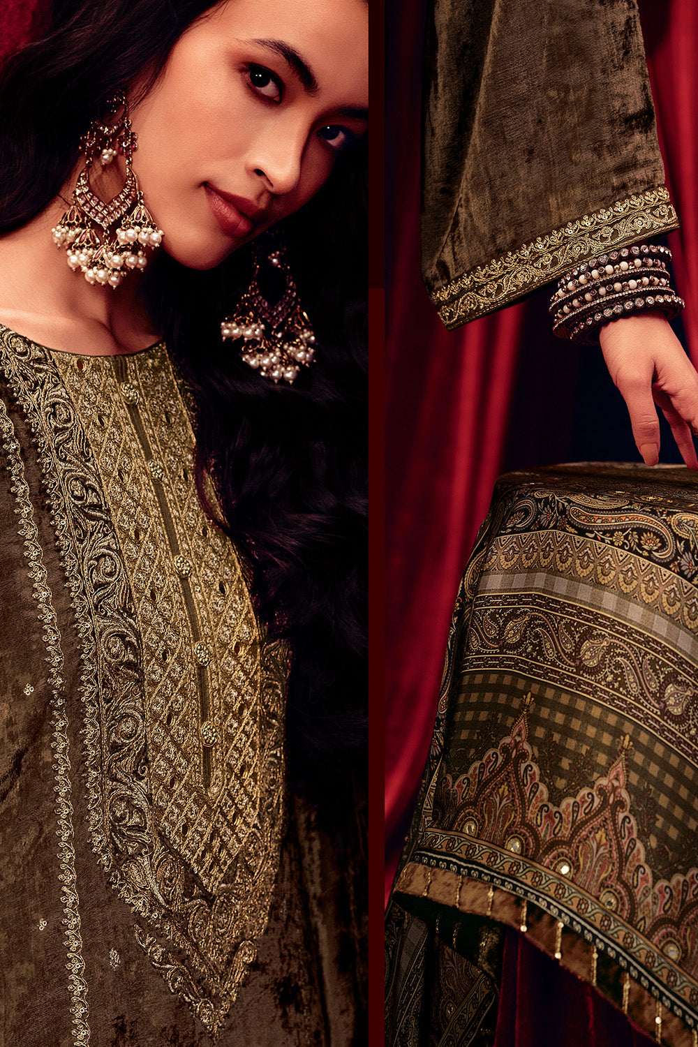 Brown Color Zari Embroidered Velvet Unstitched Suit Fabric