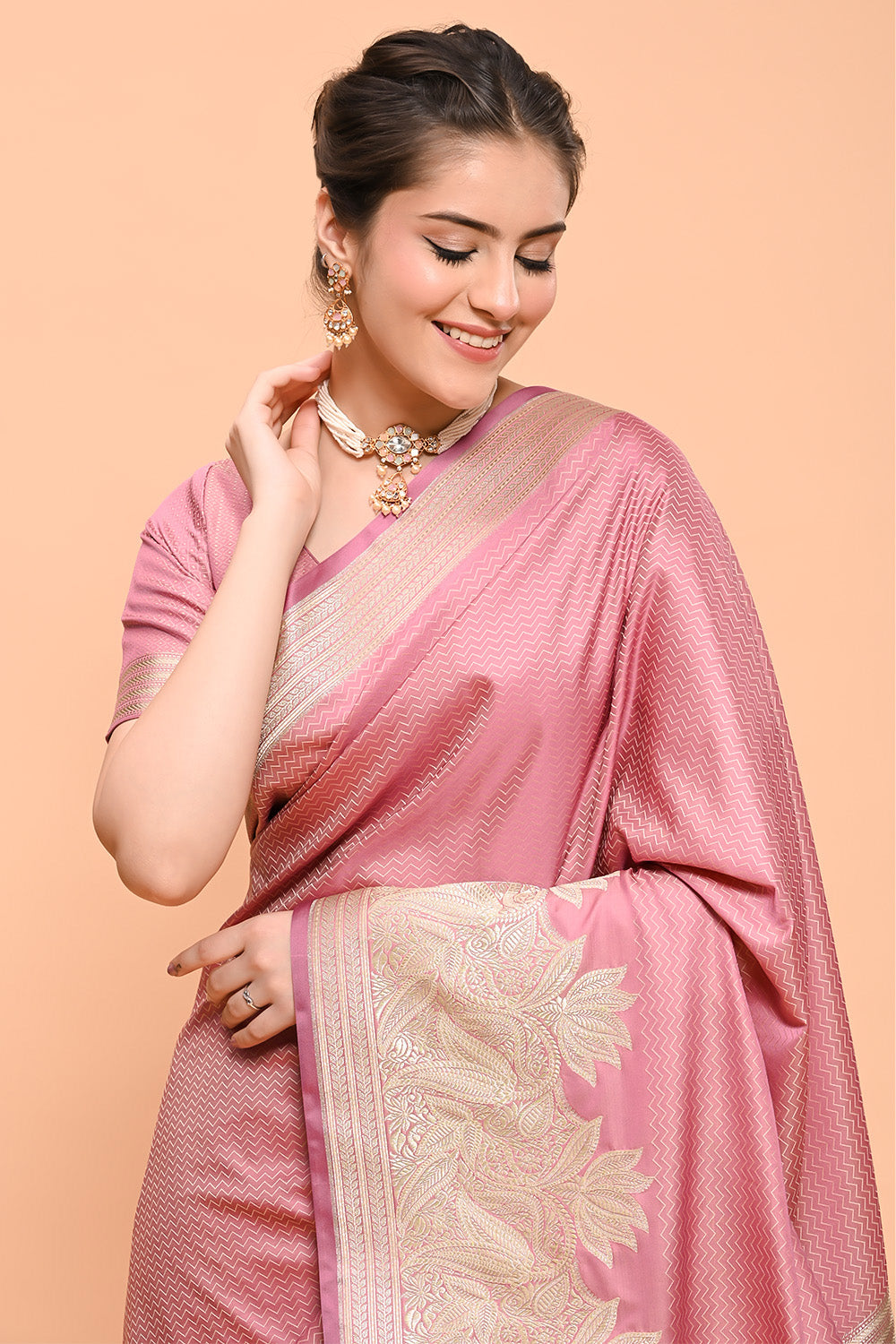 Dusty Pink Color Zari Woven Gajji Silk Saree