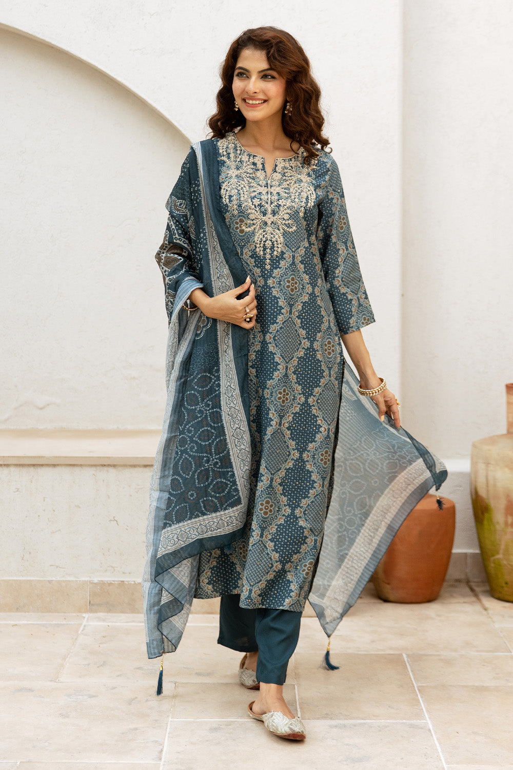 Teal Blue Color Printed & Neck Embroidered Muslin Suit