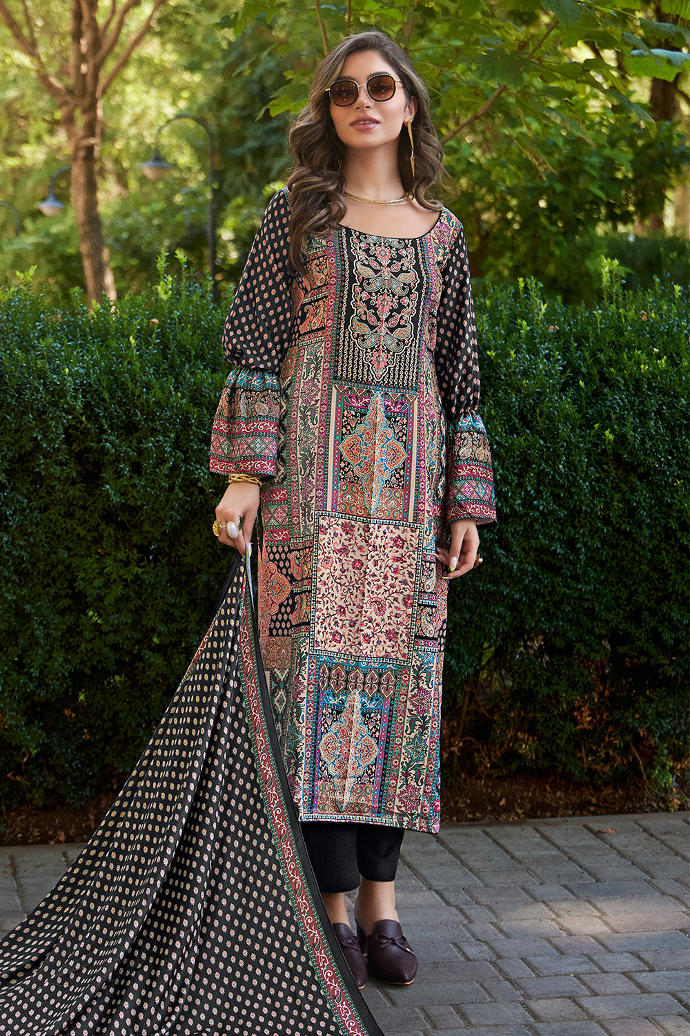 Black Spun Printed Unstitched Suit Fabric