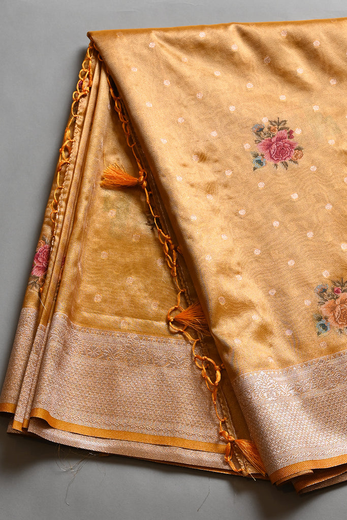 Mustard Color Organza Tissue Woven & Printed Saree