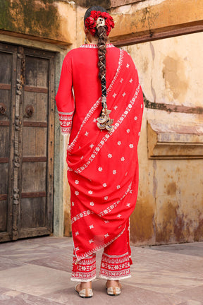 Coral Red Color Rayon Embroidered Suit