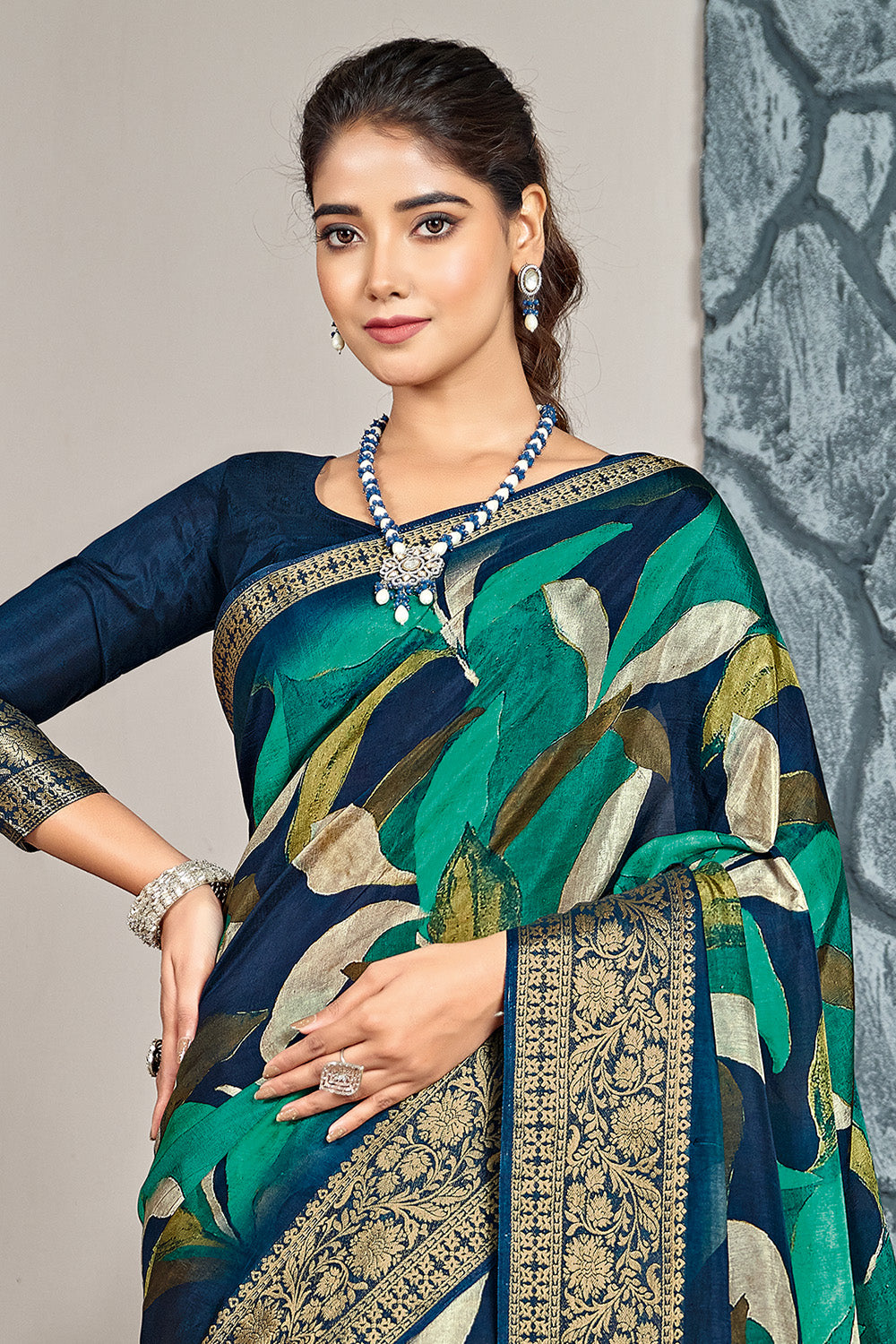 Navy Color Printed & Woven Modal Silk Saree