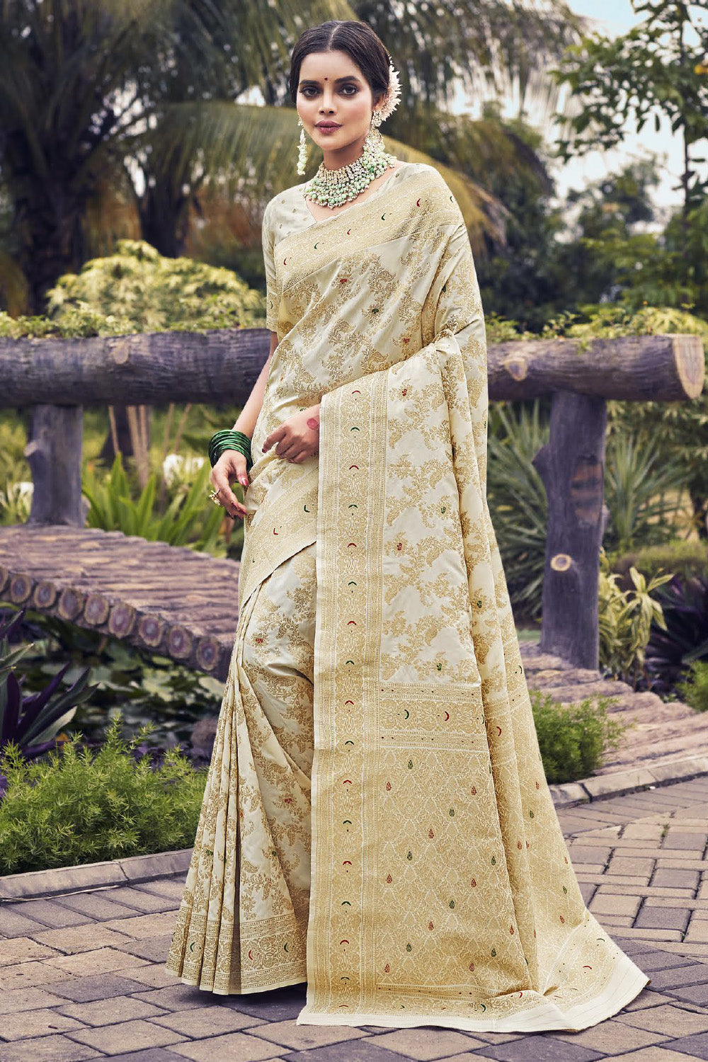 Cream Color Pathani Work Banarasi Silk Saree