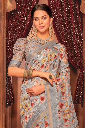 Grey Color Digital Printed Cotton Saree