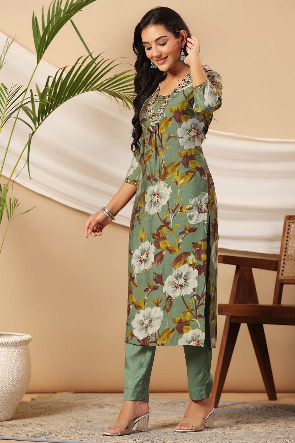 Sage Green Color  Muslin Floral Printed Kurta Set