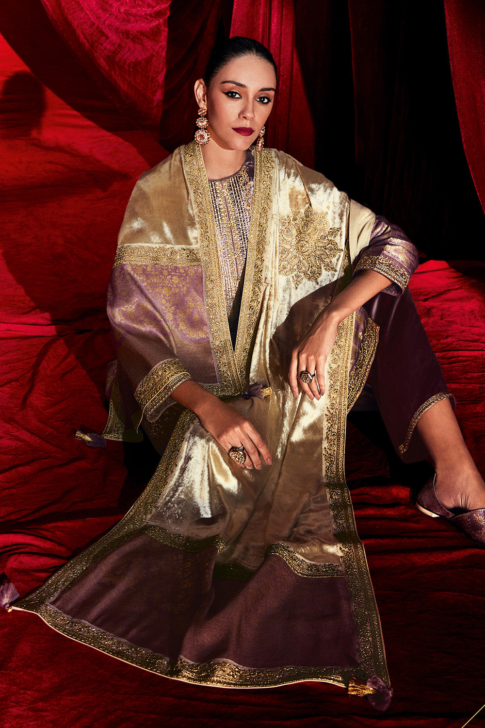 Mauve Color Velvet & Brocade Silk Dual-Fabric Designed Unstitched Suit Material