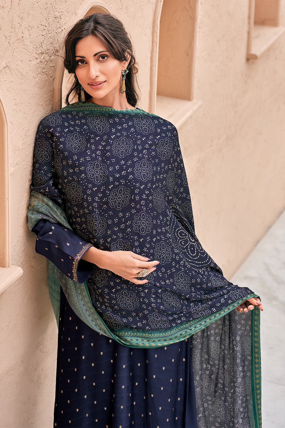 Navy Color Silk Embroidered Unstitched Suit Material