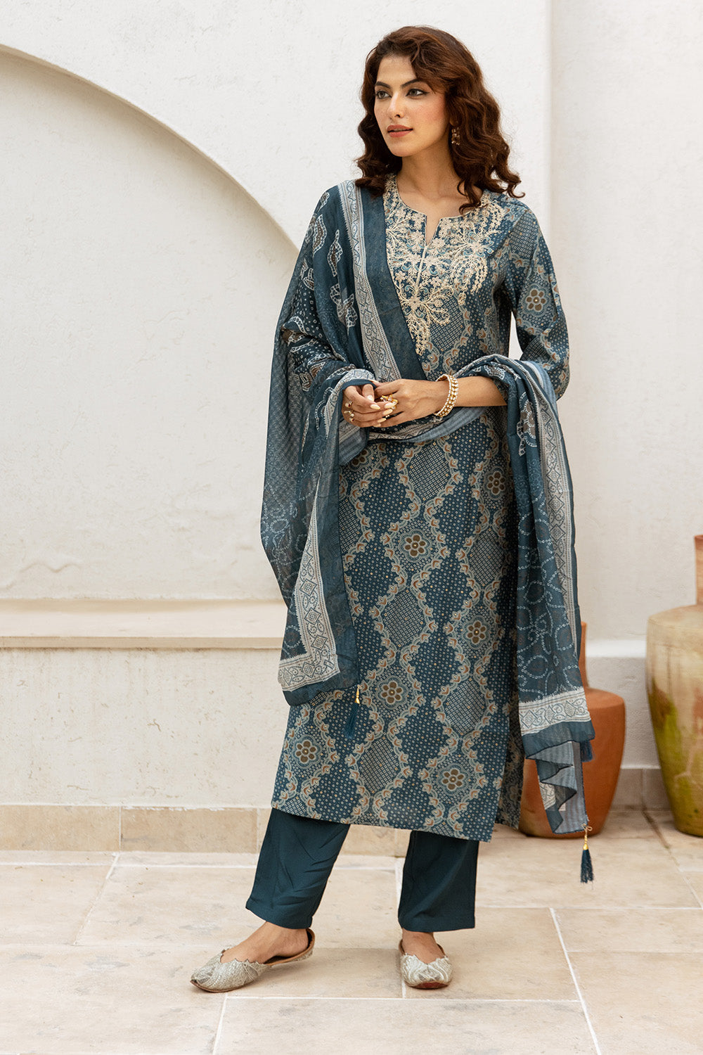 Teal Blue Color Printed & Neck Embroidered Muslin Suit