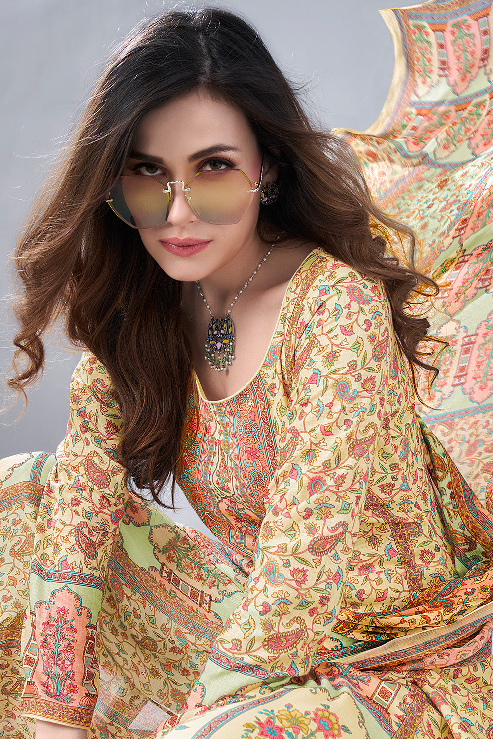 Beige Color Digital Printed Cotton Unstitched Suit Material