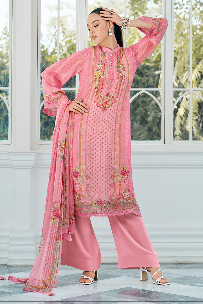 Pink Color Crepe Printed Unstitched Suit Material