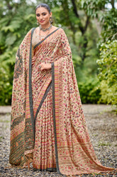 Beige Colour Floral Printed Pashmina Saree With Matching Shawl