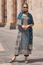 Teal Blue Color Pashmina Printed Unstitched Suit Material