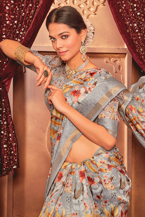 Grey Color Digital Printed Cotton Saree