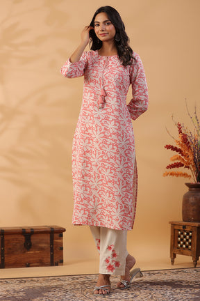 Peach & Beige Color Floral Printed Cotton Kurti Set