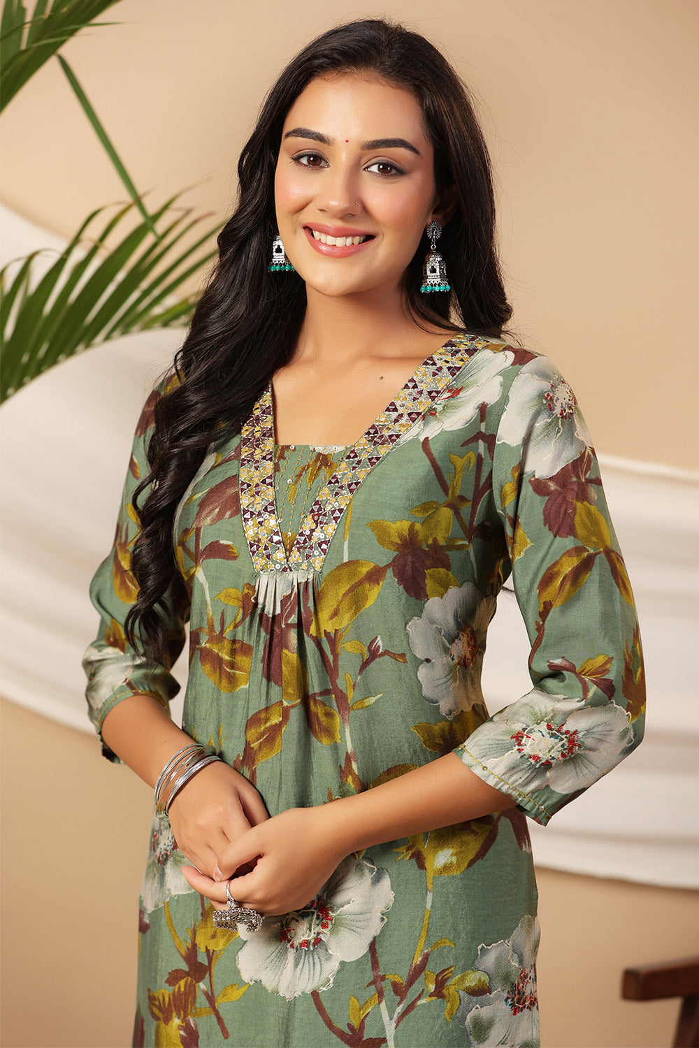 Sage Green Color  Muslin Floral Printed Kurta Set