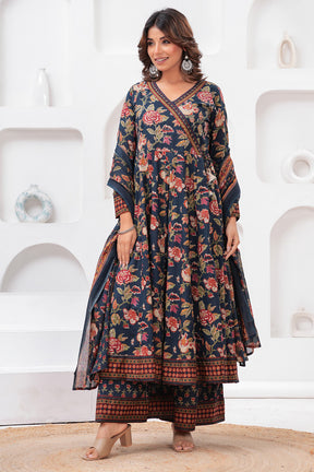 Navy Color Floral Printed Cotton Anarkali Suit With Palazzo