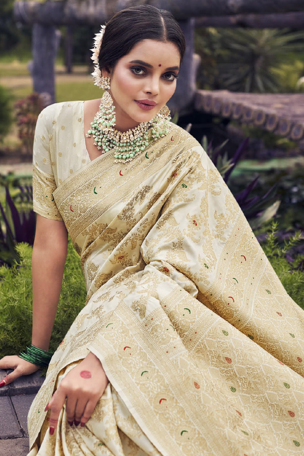 Cream Color Pathani Work Banarasi Silk Saree