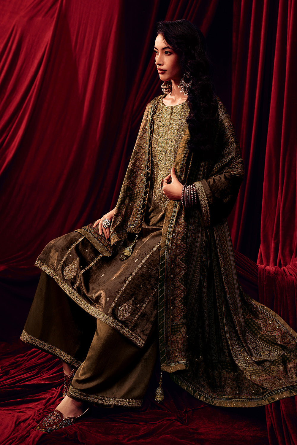 Brown Color Zari Embroidered Velvet Unstitched Suit Fabric