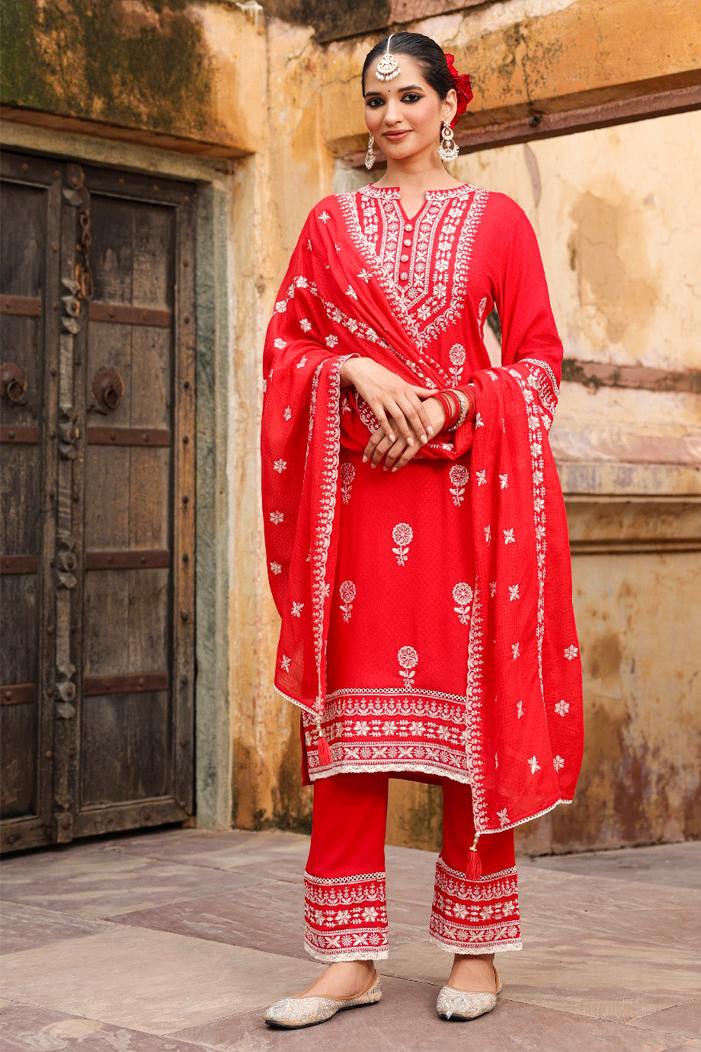 Coral Red Color Rayon Embroidered Suit