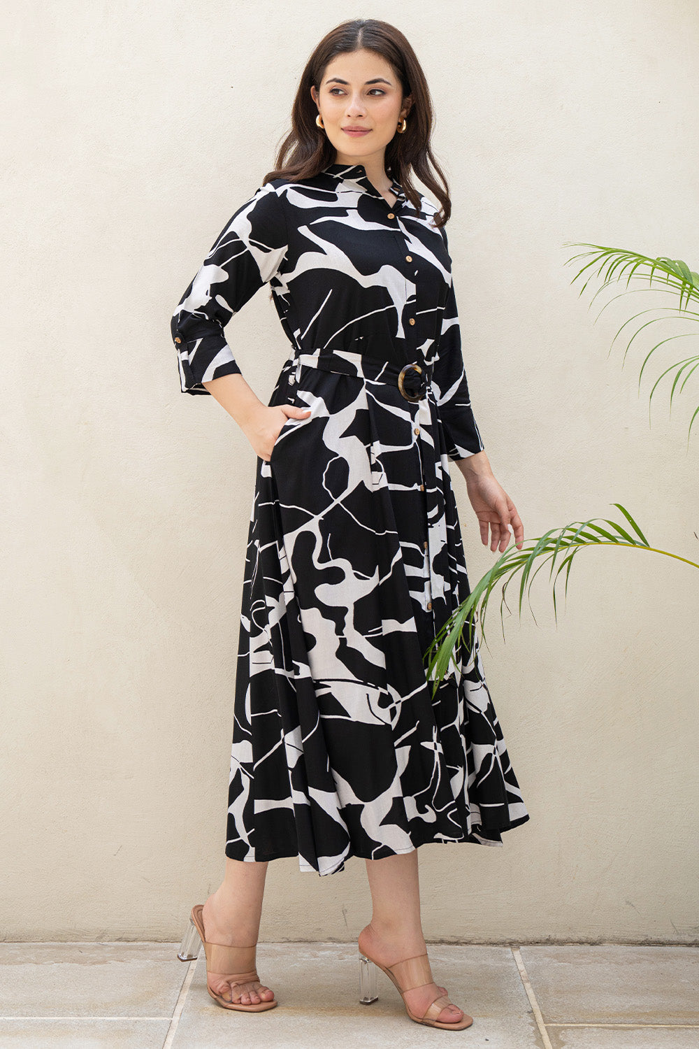 Black Color Rayon Printed Peonies Dress