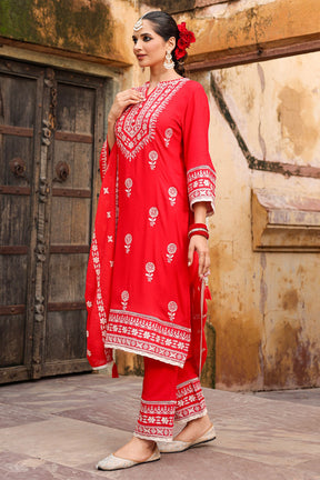 Coral Red Color Rayon Embroidered Suit