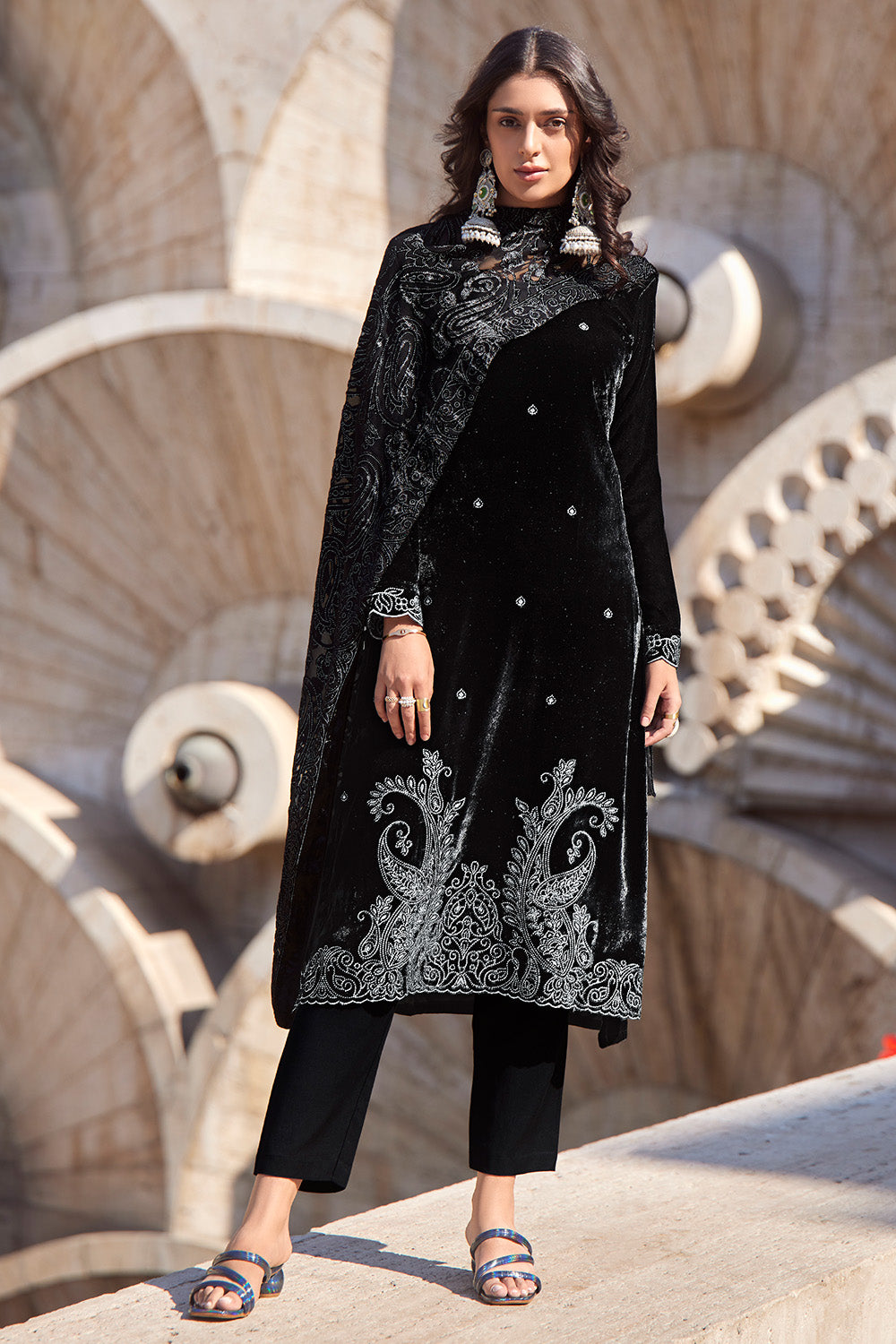 Black Colour Velvet Resham Embroidered Unstitched Suit Fabric