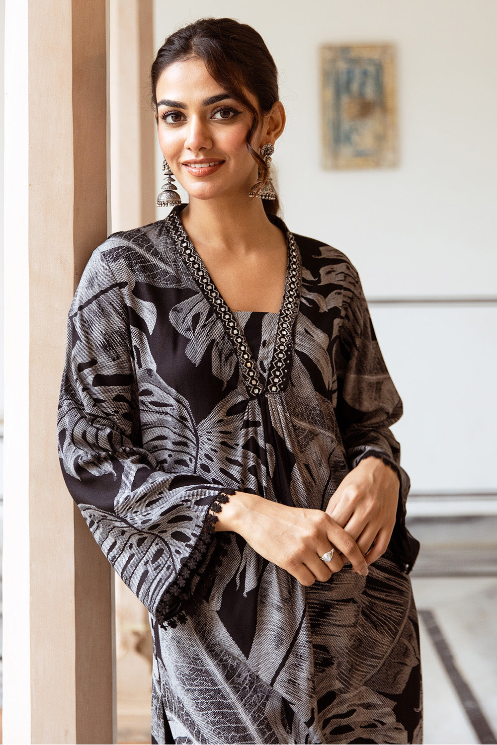 Black Color Muslin Printed Long Kurta Set