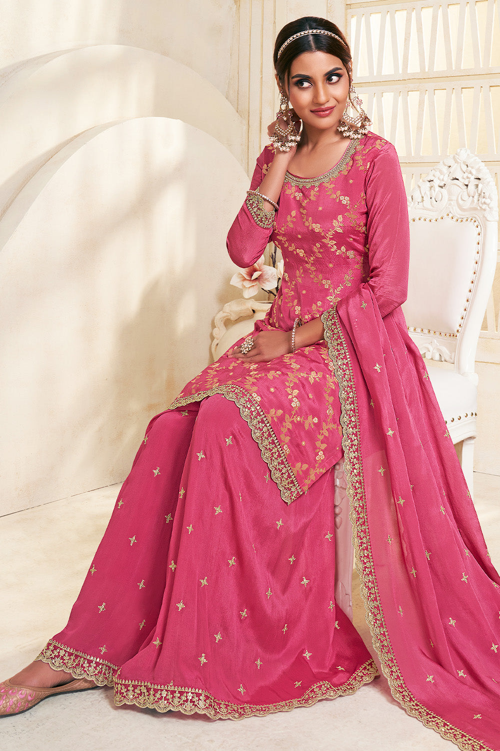 Tulip Pink Color Crepe Woven Suit With Sharara