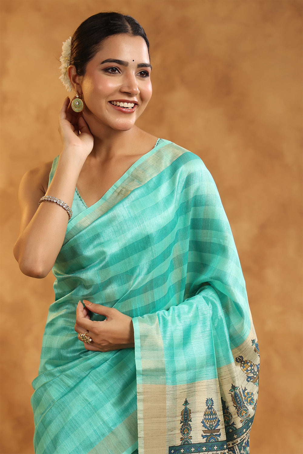 Turquoise Color Cotton Printed Saree