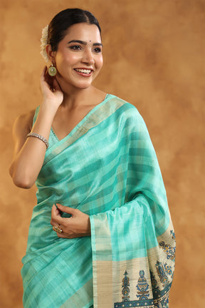 Turquoise Color Cotton Printed Saree