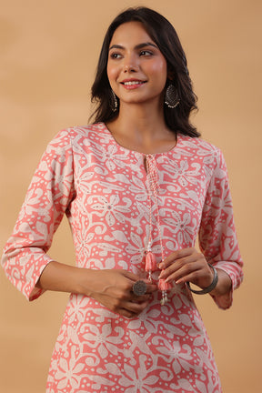 Peach & Beige Color Floral Printed Cotton Kurti Set