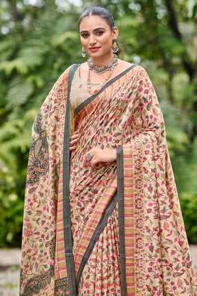 Beige Colour Floral Printed Pashmina Saree With Matching Shawl