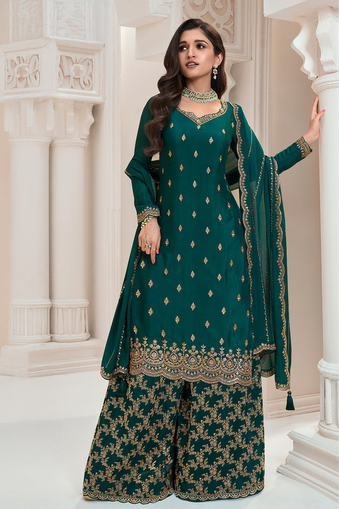 Bottle Green Color Georgette Embroidered Unstitched Suit Material With Readymade Woven Palazzo