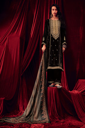 Black Color Zari Embroidered Velvet Unstitched Suit Fabric