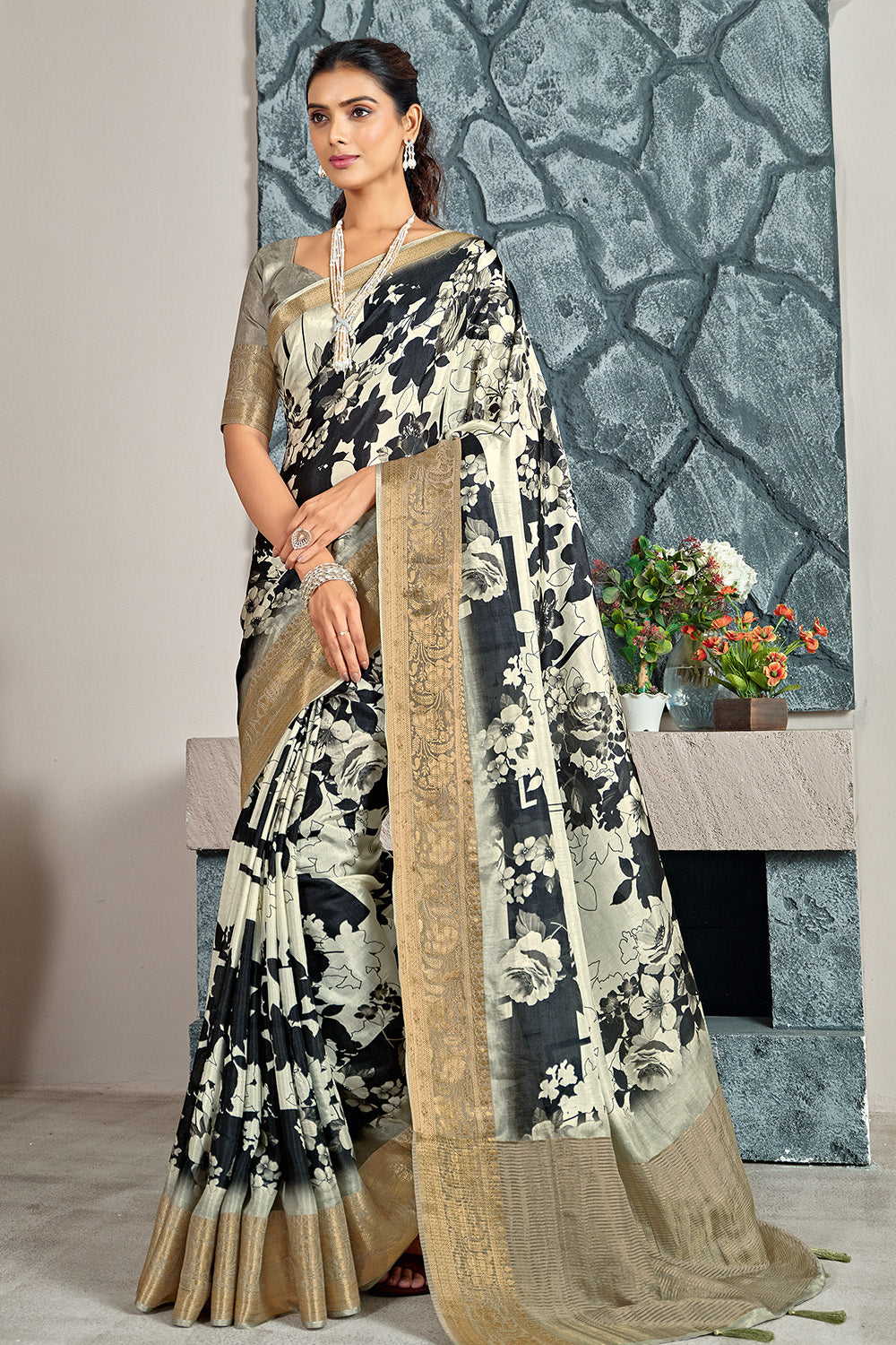 White And Black Color Printed & Woven Modal Silk Saree