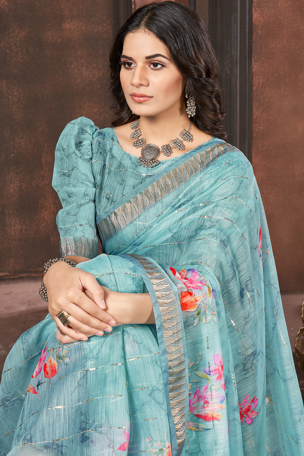 Turquoise Color Cotton Floral Printed Saree